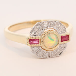Yellow Gold Blue Green Crystal Opal Ruby and Diamond Ring