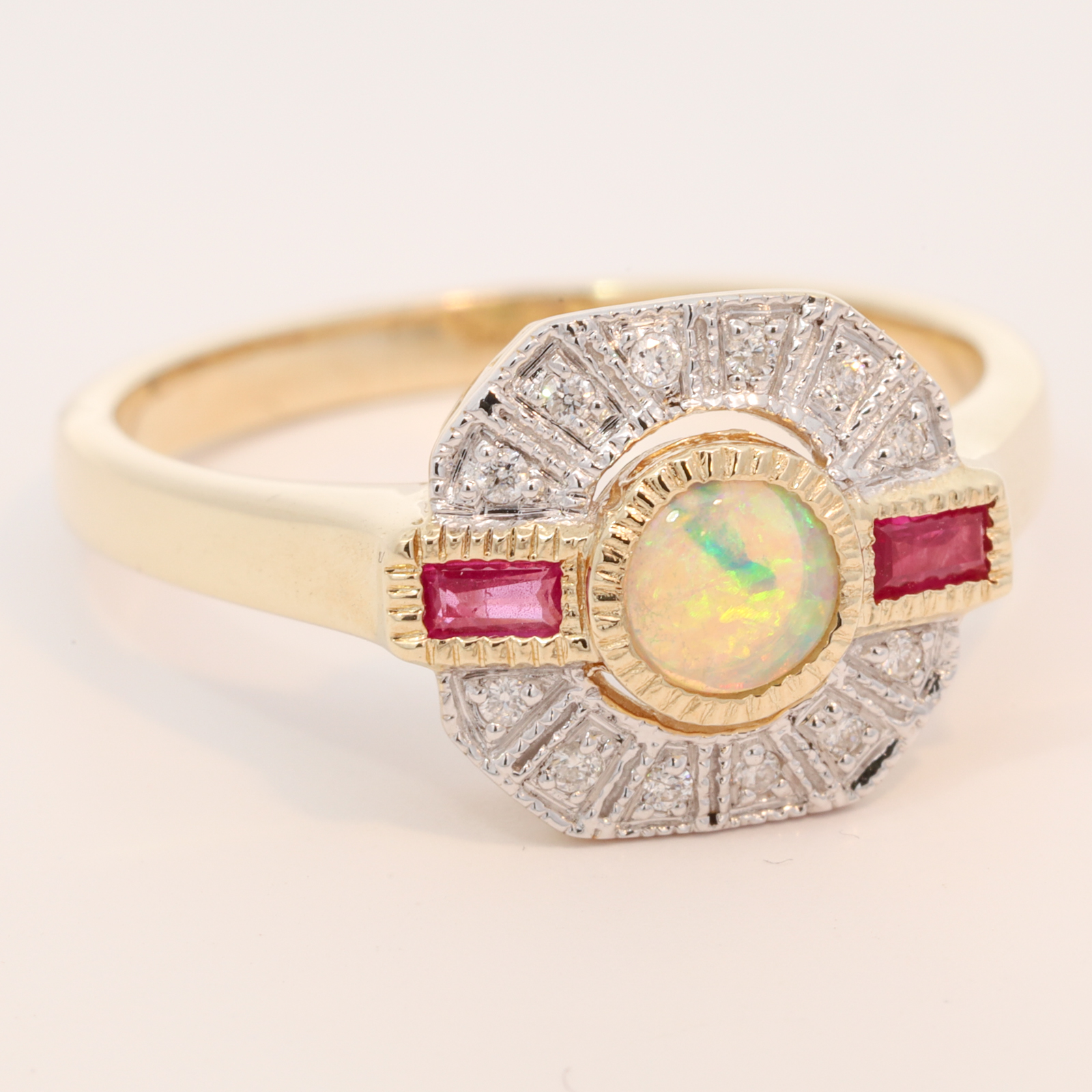 Yellow Gold Blue Green Crystal Opal Ruby and Diamond Ring