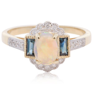 Yellow Gold Blue Green Crystal Opal Diamond and Sapphire Ring