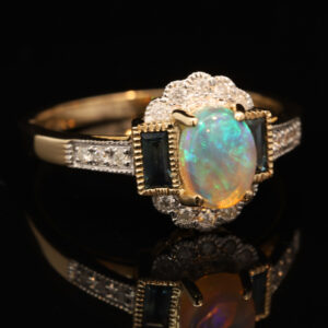Yellow Gold Blue Green Crystal Opal Diamond and Sapphire Ring