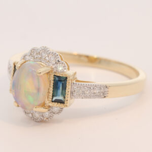 Yellow Gold Blue Green Crystal Opal Diamond and Sapphire Ring