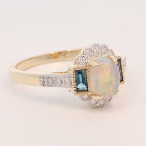 Yellow Gold Blue Green Crystal Opal Diamond and Sapphire Ring