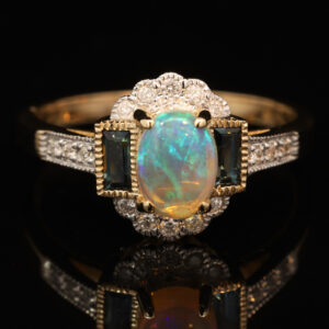 Yellow Gold Blue Green Crystal Opal Diamond and Sapphire Ring