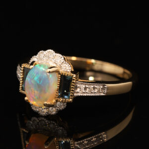 Yellow Gold Blue Green Crystal Opal Diamond and Sapphire Ring
