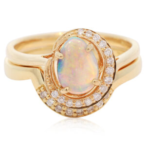 Yellow Gold Blue Green Yellow Orange Crystal Opal and Diamond Engagement Ring and Wedding Band set