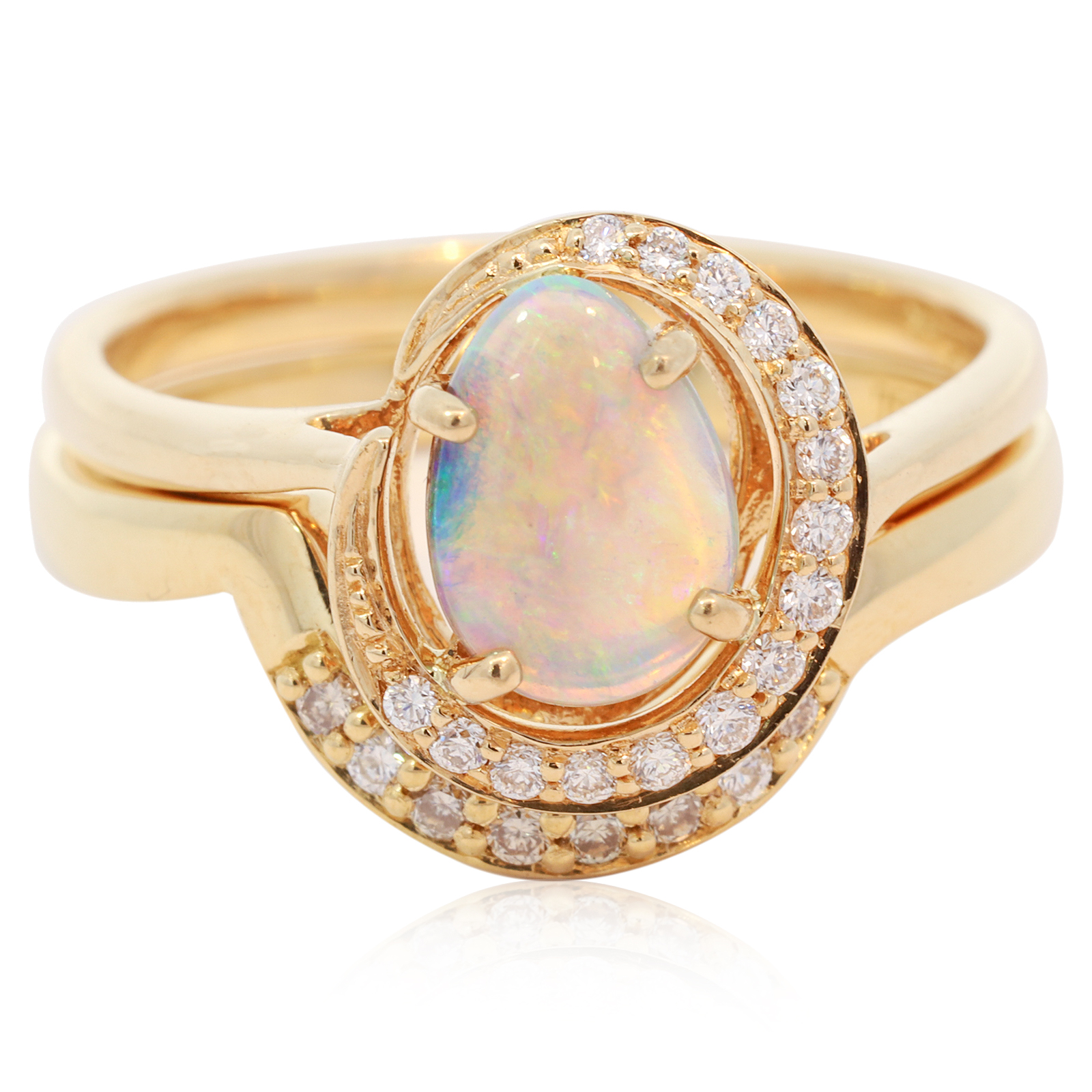 Yellow Gold Blue Green Yellow Orange Crystal Opal and Diamond Engagement Ring and Wedding Band set