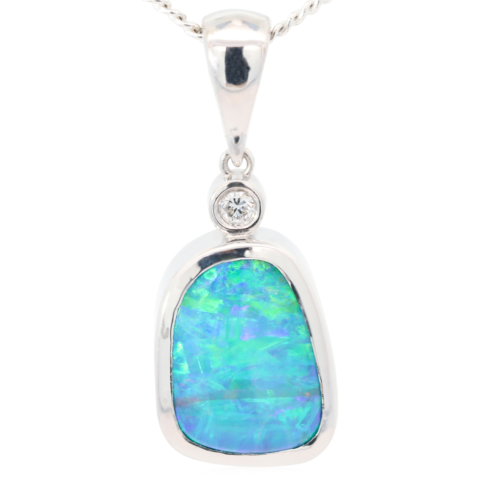 Custom White Gold Blue Green Yellow Orange Boulder Opal and Lab Grown Diamond Pendant