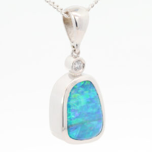 Custom White Gold Blue Green Yellow Orange Boulder Opal and Lab Grown Diamond Pendant