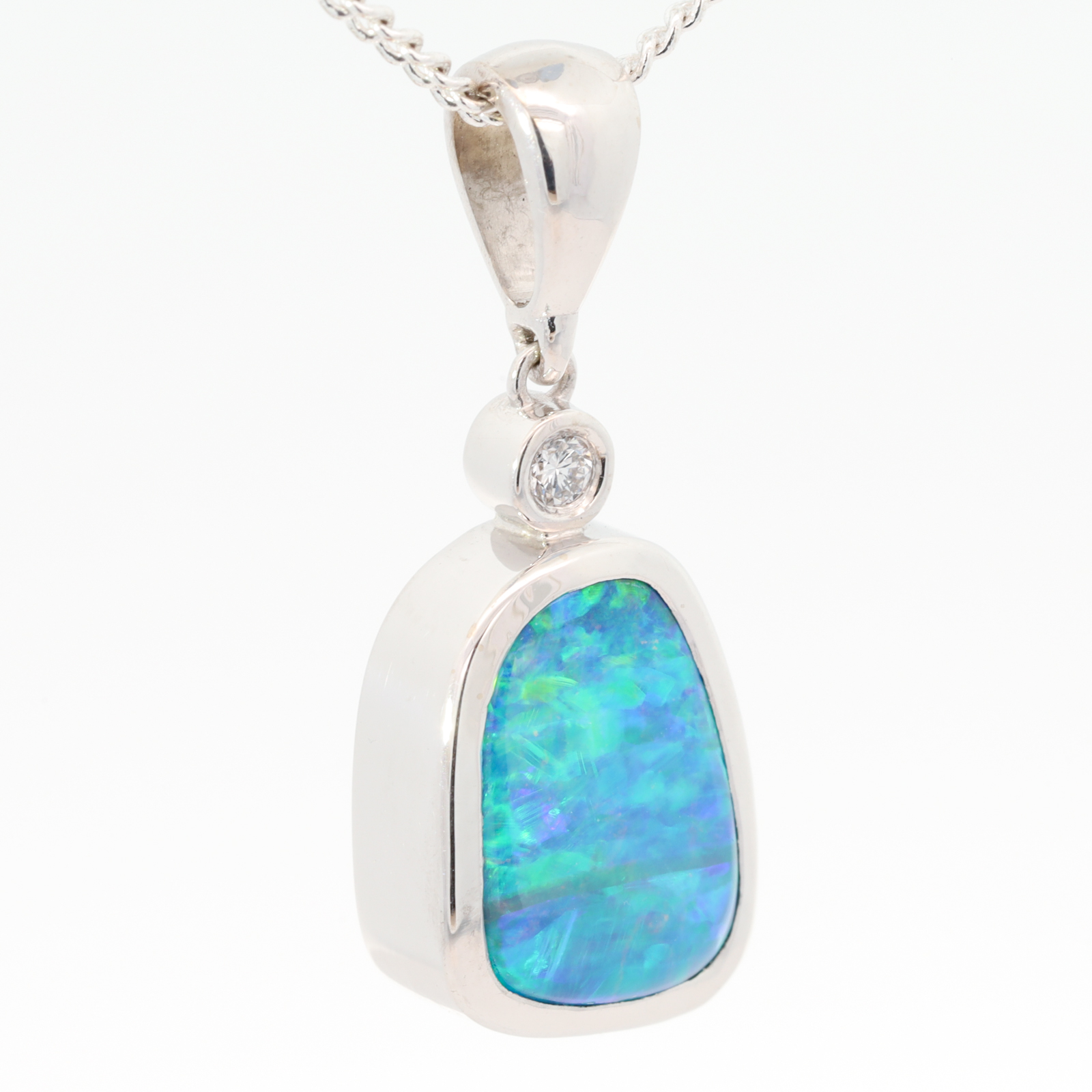 Custom White Gold Blue Green Yellow Orange Boulder Opal and Lab Grown Diamond Pendant
