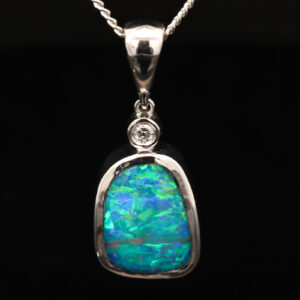 Custom White Gold Blue Green Yellow Orange Boulder Opal and Lab Grown Diamond Pendant