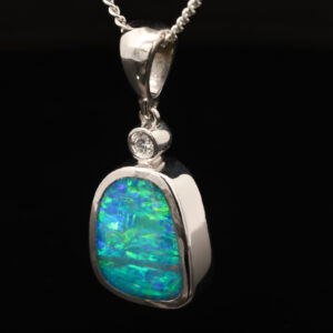 Custom White Gold Blue Green Yellow Orange Boulder Opal and Lab Grown Diamond Pendant