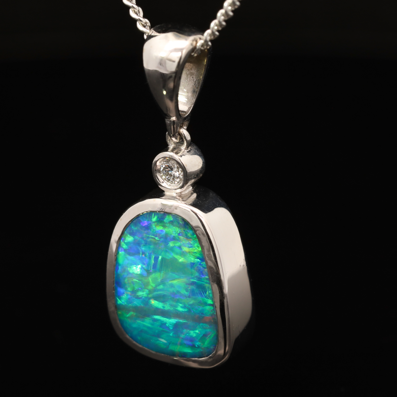 Custom White Gold Blue Green Yellow Orange Boulder Opal and Lab Grown Diamond Pendant