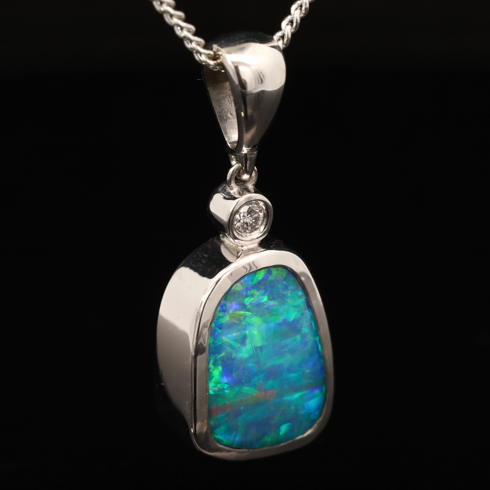 Custom White Gold Blue Green Yellow Orange Boulder Opal and Lab Grown Diamond Pendant
