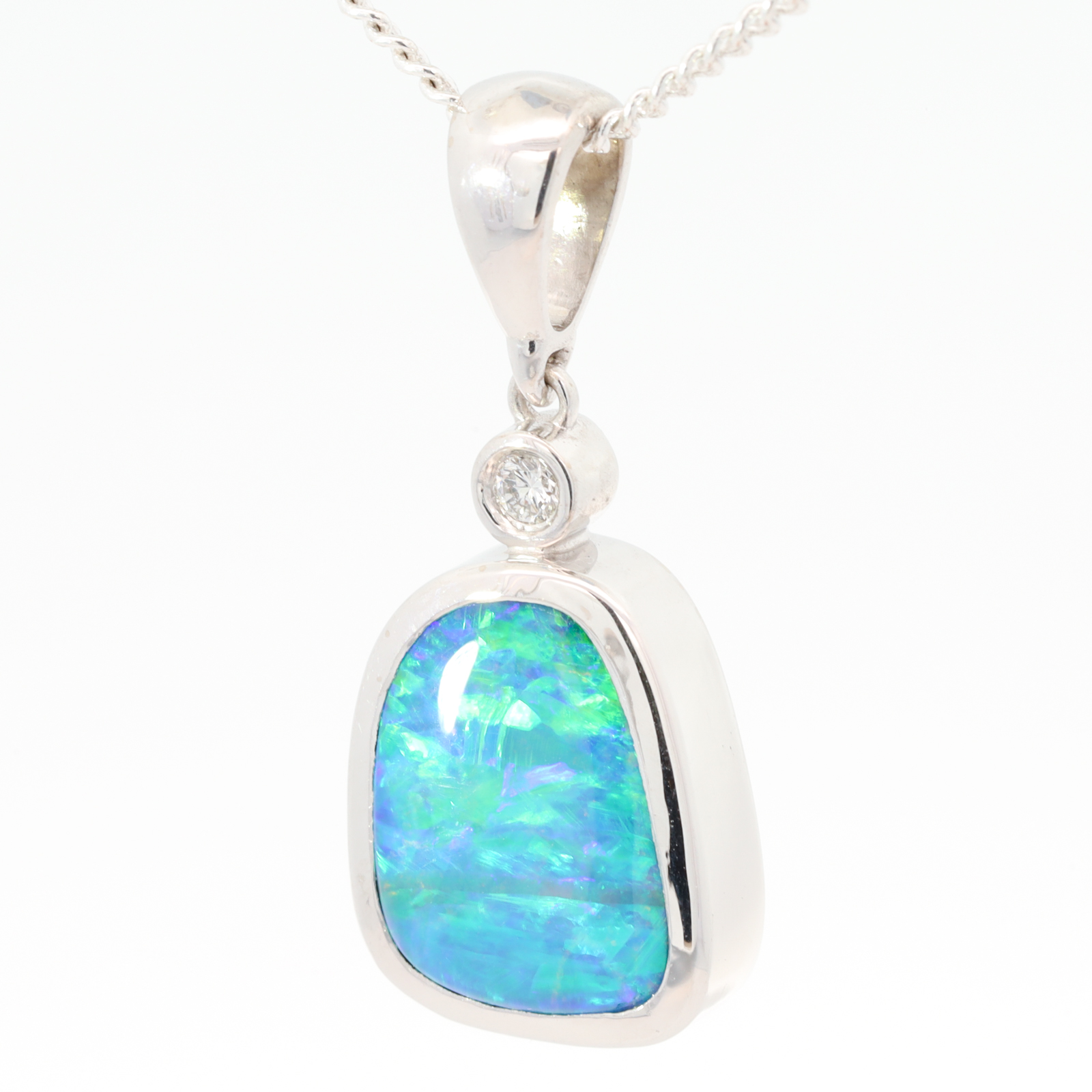 Custom White Gold Blue Green Yellow Orange Boulder Opal and Lab Grown Diamond Pendant