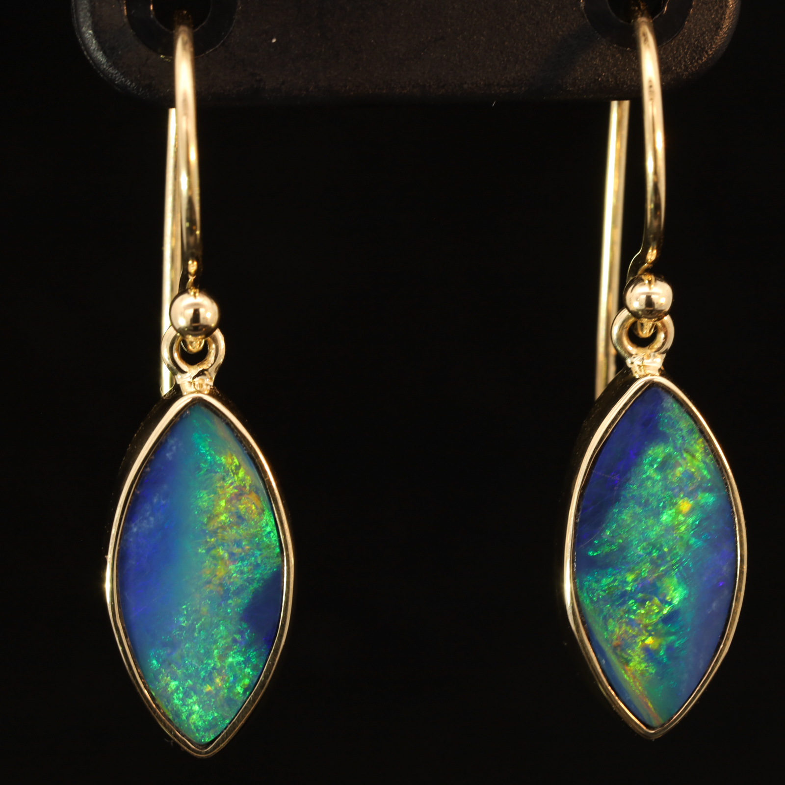 Yellow Gold Blue Green Yellow Orange Doublet Opal Earrings