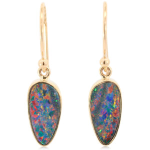 Yellow Gold Blue Green Yellow Orange Red Doublet Opal Earrings