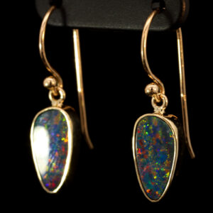 Yellow Gold Blue Green Yellow Orange Red Doublet Opal Earrings