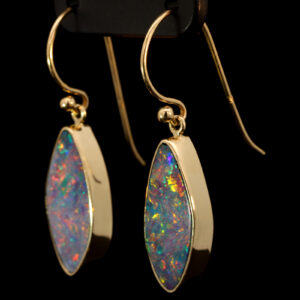 Yellow Gold Blue Green Yellow Orange Red Doublet Opal Earrings