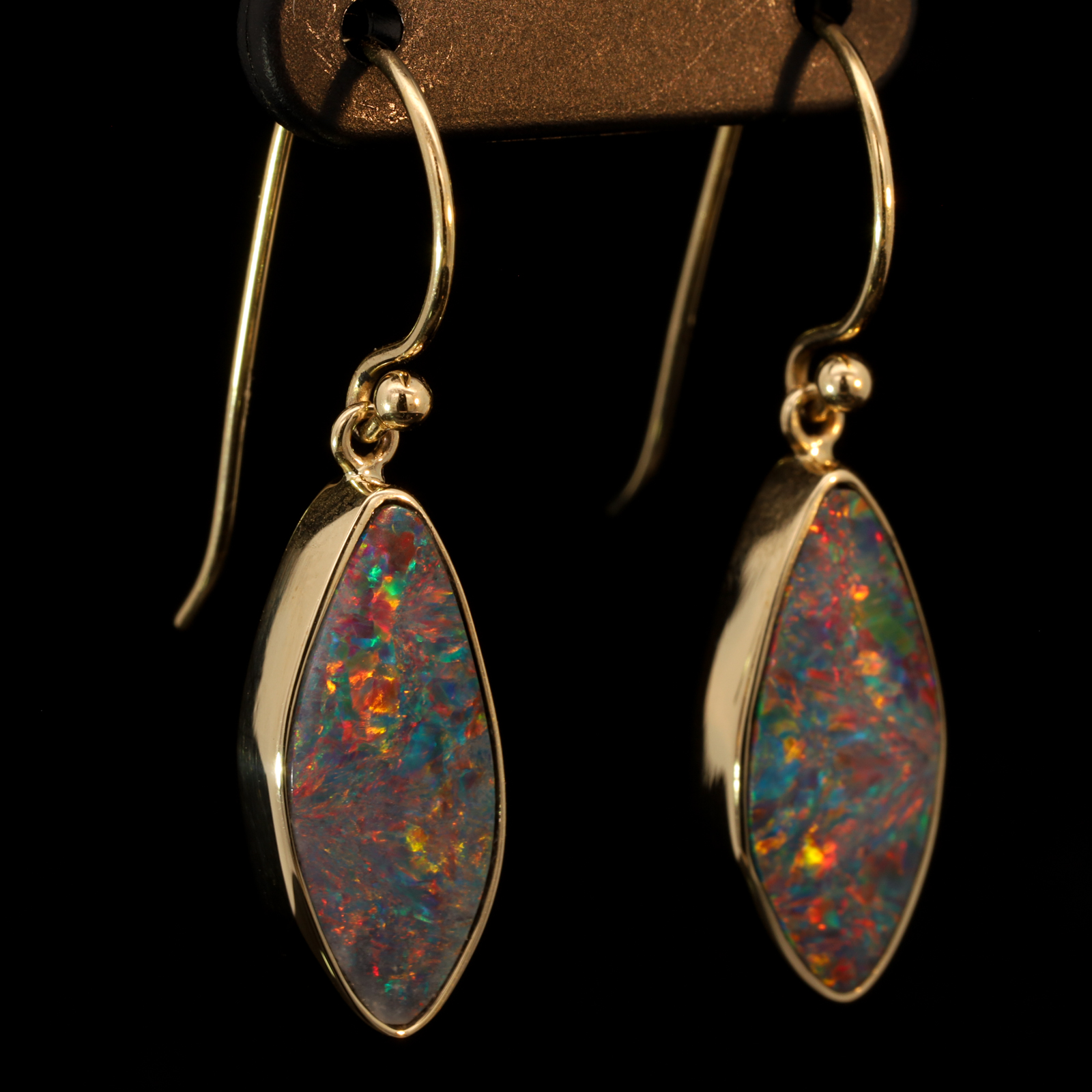 Yellow Gold Blue Green Yellow Orange Red Doublet Opal Earrings
