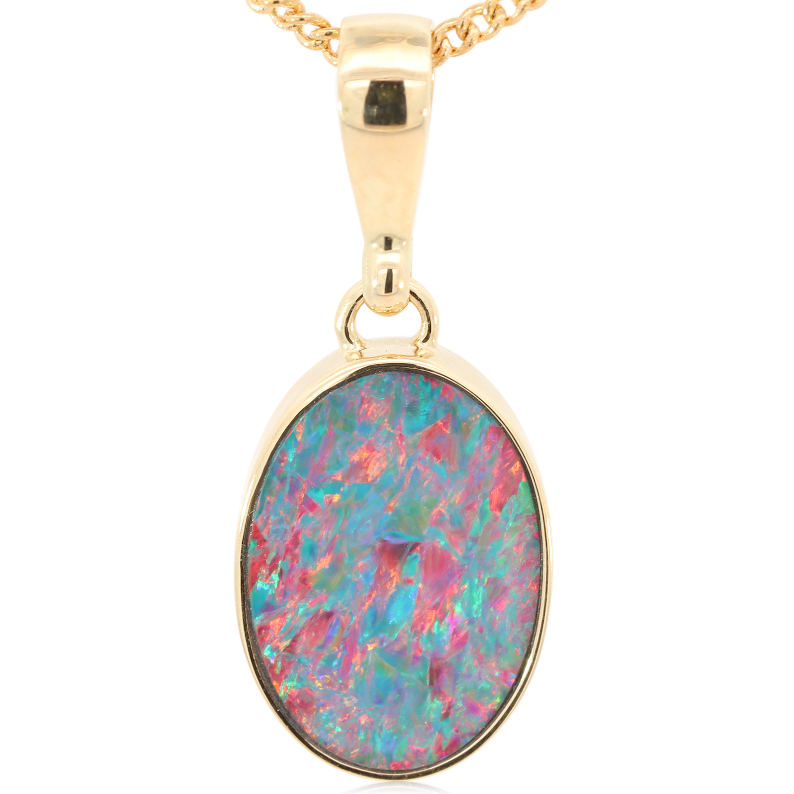 Yellow Gold Blue Green Yellow Orange Red Doublet Opal Pendant