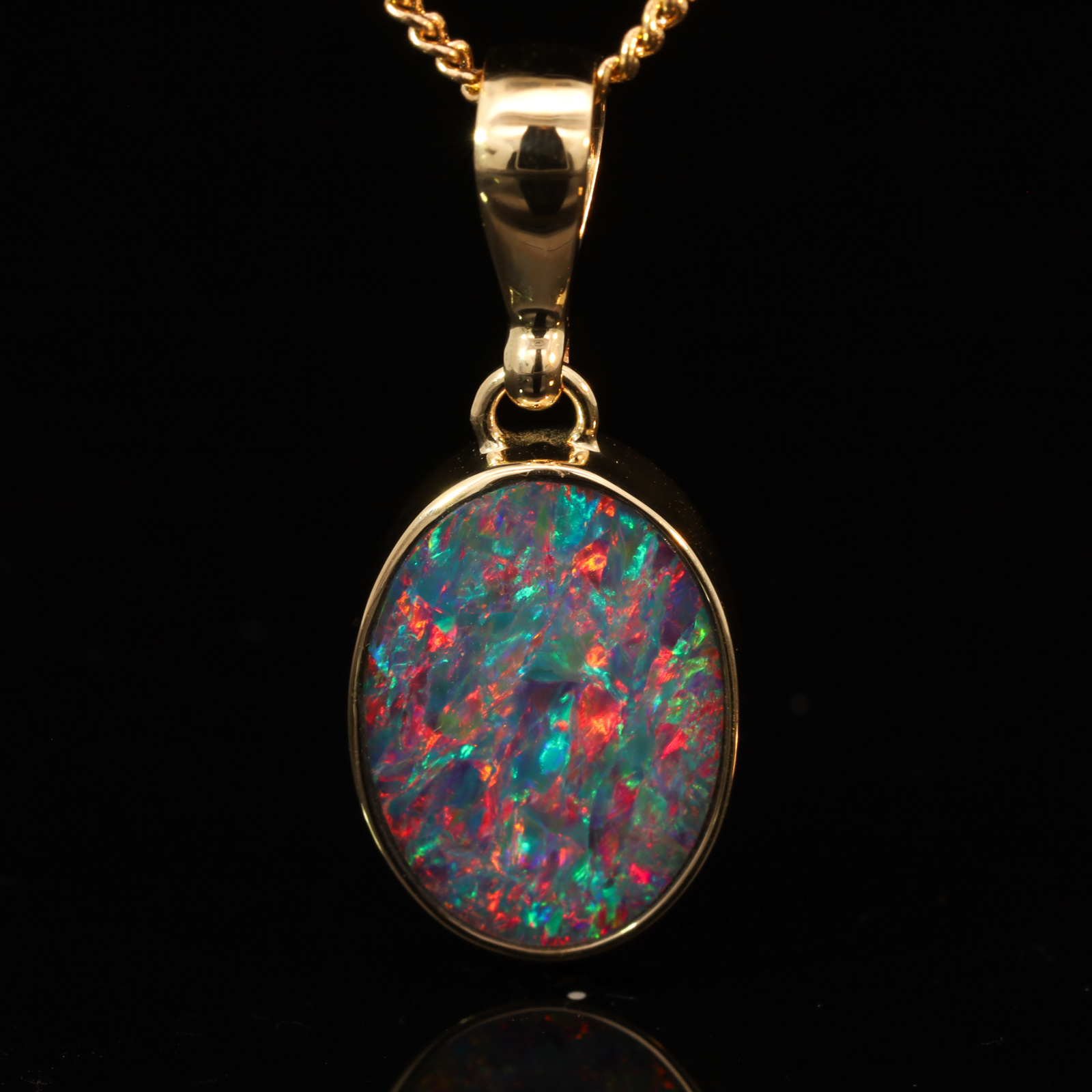 Yellow Gold Blue Green Yellow Orange Red Doublet Opal Pendant
