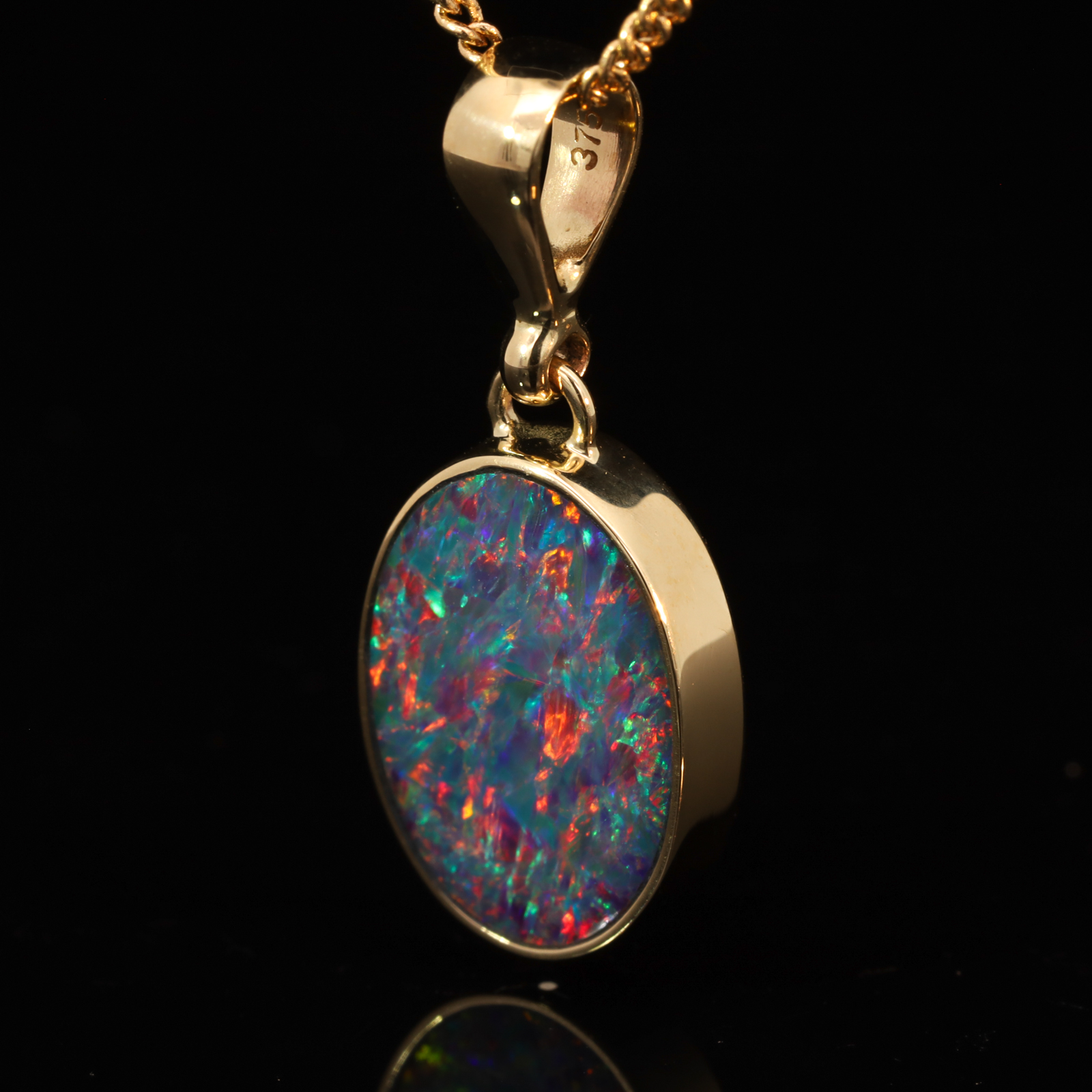 Yellow Gold Blue Green Yellow Orange Red Doublet Opal Pendant