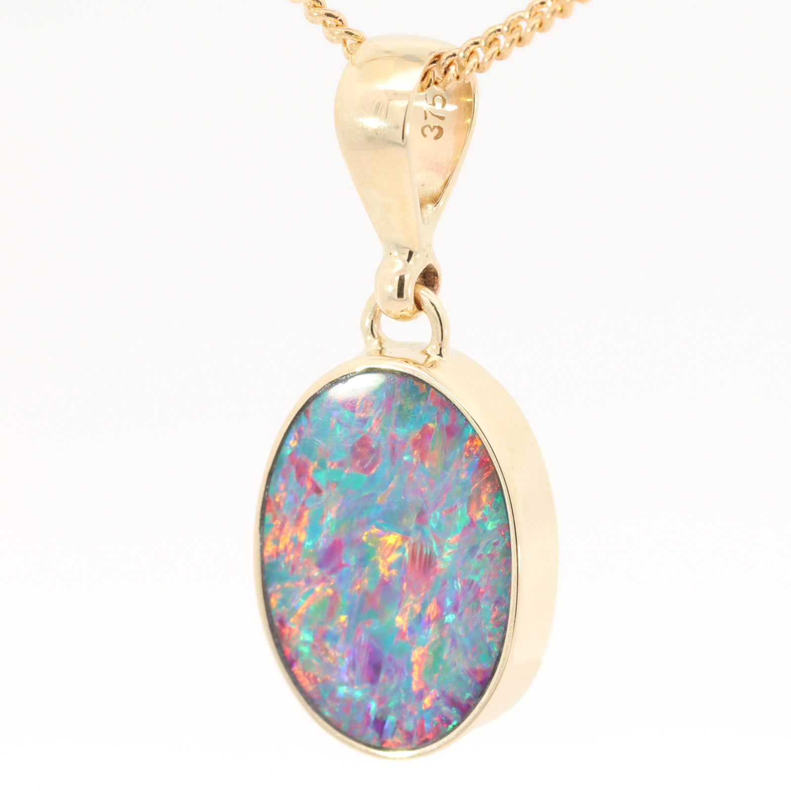 Yellow Gold Blue Green Yellow Orange Red Doublet Opal Pendant