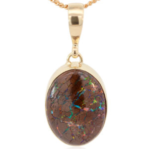 Yellow Gold Blue Green Yellow Orange Red Boulder Opal Pendant
