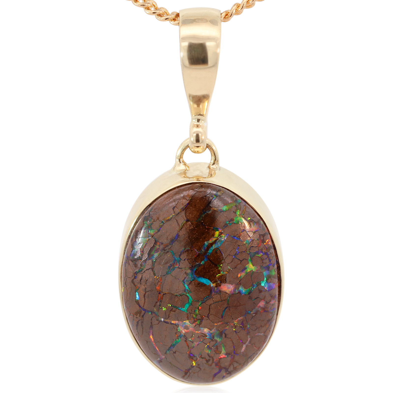 Yellow Gold Blue Green Yellow Orange Red Boulder Opal Pendant