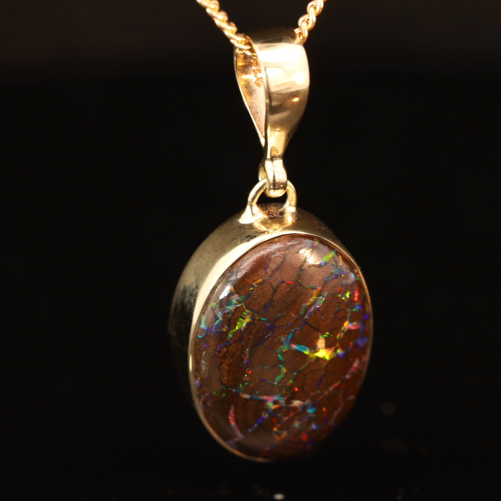 Yellow Gold Blue Green Yellow Orange Red Boulder Opal Pendant