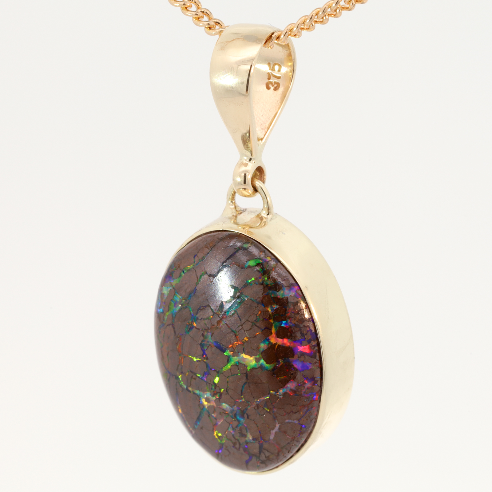 Yellow Gold Blue Green Yellow Orange Red Boulder Opal Pendant