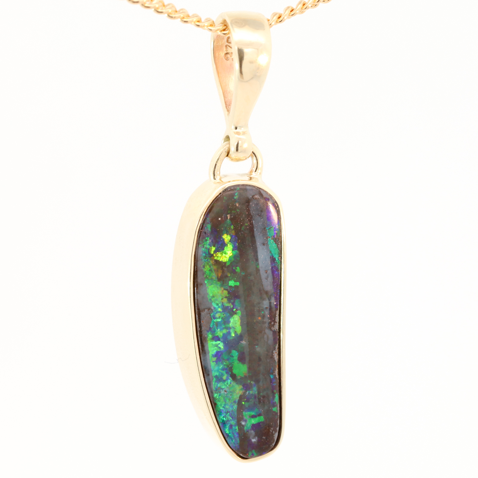 Yellow Gold Blue Green Yellow Orange Red Boulder Opal Pendant