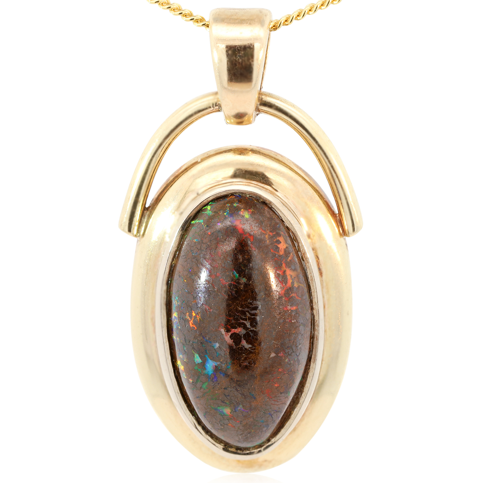 Yellow Gold Blue Green Yellow Orange Red Boulder Opal Pendant