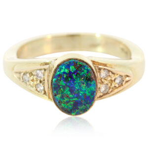 Yellow Gold Blue Green Yellow Boulder Opal and Diamond Ring